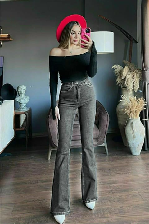 TRENDNATUREL شلوار جین فلر اسپانیایی کمر بلند مدل Kayla's فلر دودی