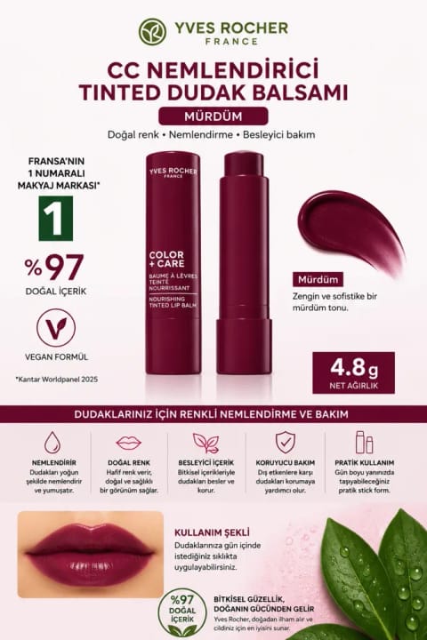 Yves Rocher بالم لب مرطوب و رنگ‌دهنده طبیعی وگان ۸ ساعته