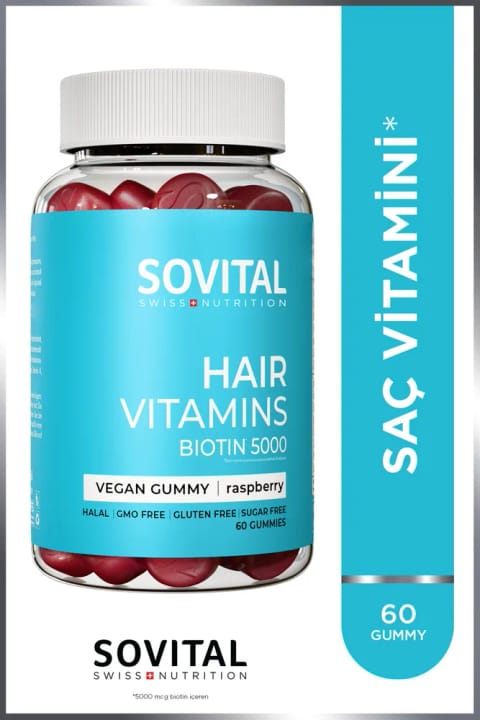 SOVITAL Hair Biotin 5000 mcg آدامسی بدون قند با طعم تمشک برای مو