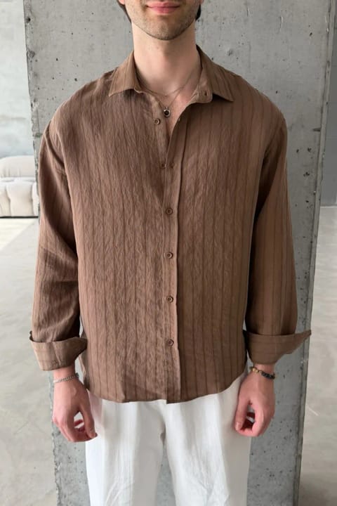 پیراهن مردانه Oversize راه‌راه Modal قهوه‌ای