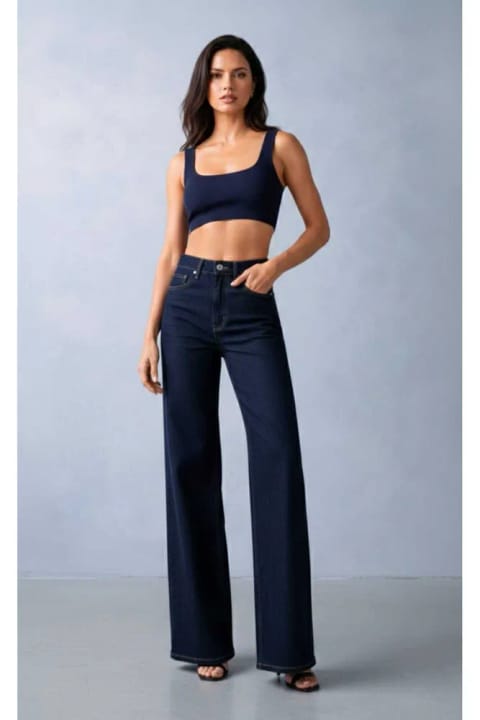 Lighter Jeans شلوار جین زنانه کمر بلند کشسان آبی تیره با پاچه گشاد – انعطاف...