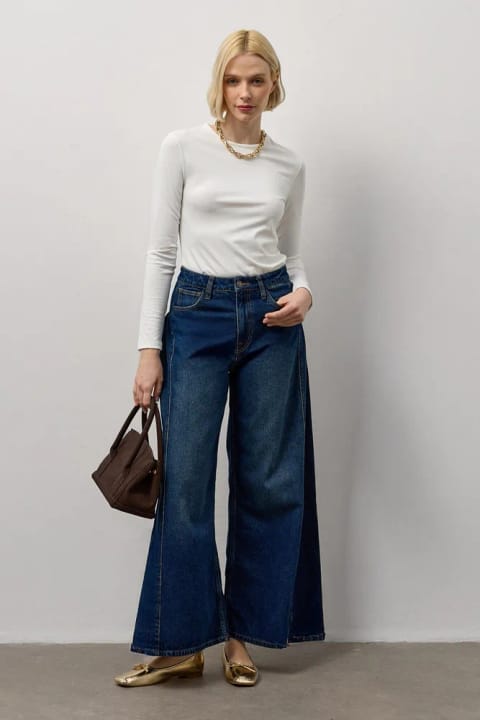 شلوار جین Wide Leg فاق بلند آبی تیره