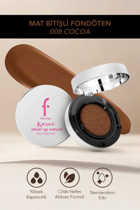 فونداسیون کوشن Flormar K-Spirit Cover Up با پوشش دهی بالا و پایانی نیمه مات — 008 Cocoa