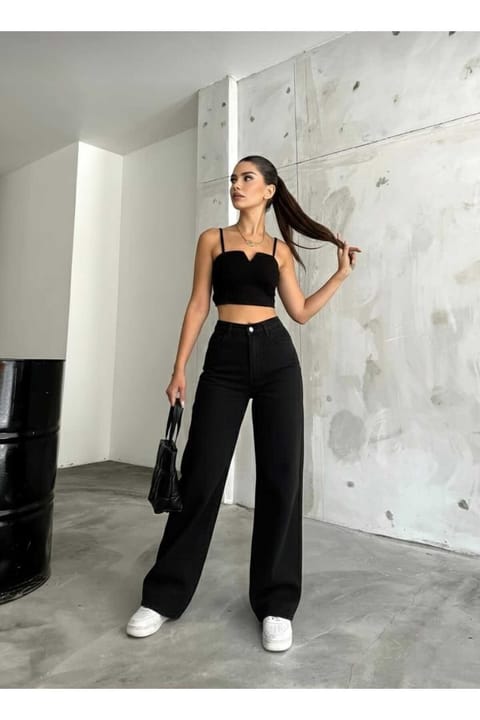 Lighter Jeans شلوار جین زنانه مشکی لیکرا دار با کمر فوق العاده بلند و پاچه گشاد (دِنیم گشاد)