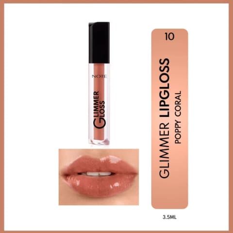 Note Glimmer Gloss براق کننده و مرطوب کننده لب با درخشش، شماره 10 Poppy Coral