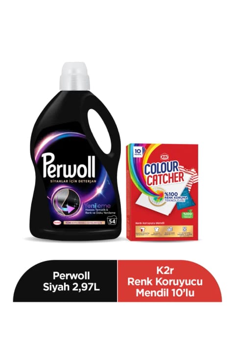 Perwoll شوینده مخصوص لباس مشکی ۲/۹۷ لیتر + دستمال محافظ رنگ K2r ۱۰ عددی
