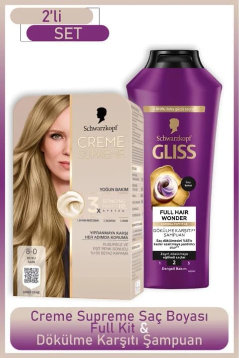 Schwarzkopf Creme Supreme Full Kit 8-0 بلوند تیره + Gliss Full Hair Wonder