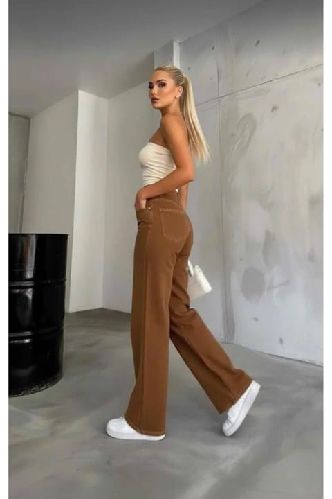 Lighter Jeans Denny شلوار جین قهوه‌ای کشسان راسته گشاد کمر بلند