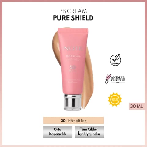 کرم BB نوت Pure Shield SPF50+ PA++++ حاوی Hyaluronic Acid و Ceramide شماره 30 نودر آندرتون متوسط تیره