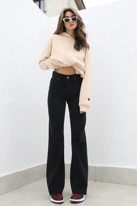 DRC trend مشکی 90s جین کشسان فوقالعاده High waist راحت Palazzo