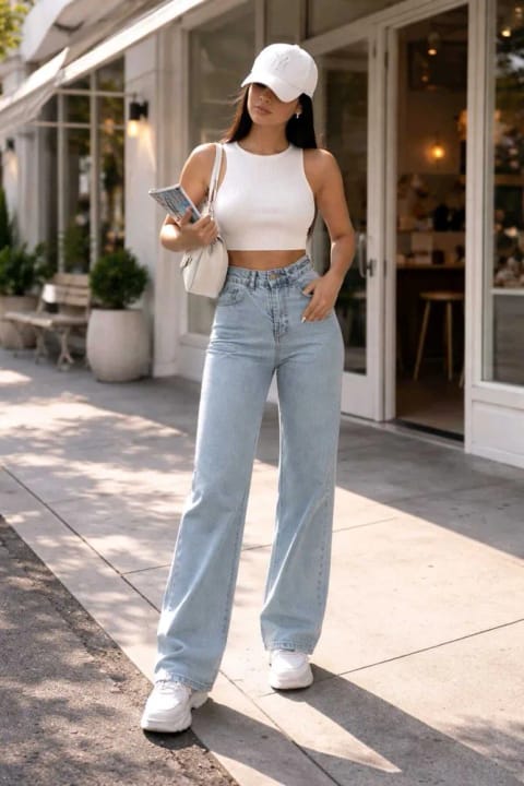 Ramrod Efes آبی روشن زمستانی لی Kra دار کمر فوقالعاده بلند پاچه گشاد دنیم پالازو شلوار