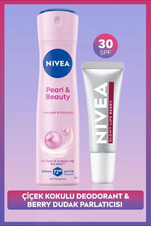 NIVEA اسپری دئودورانت زنانه Pearl&Beauty با حجم 150 میلیلیتر و بالم لب مرطوبکننده رنگی Berry