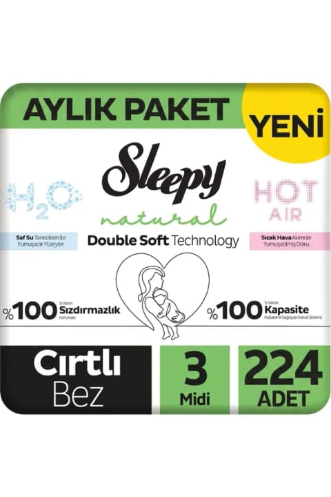 Sleepy Natural Double Soft پوشک بچه بستهای ماهانه سایز ۳ میدی ۲۲۴ عددی