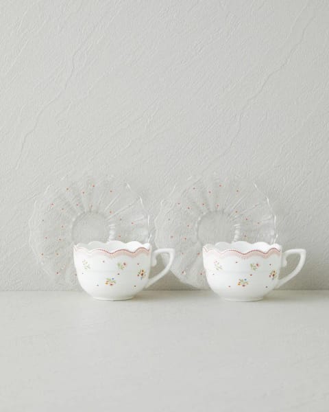ست فنجان قهوه Daisy Days New Bone China ۴ پارچه ۲ نفره با نعلبکی شیشه‌ای ۸۰ ml صورتی - سبز