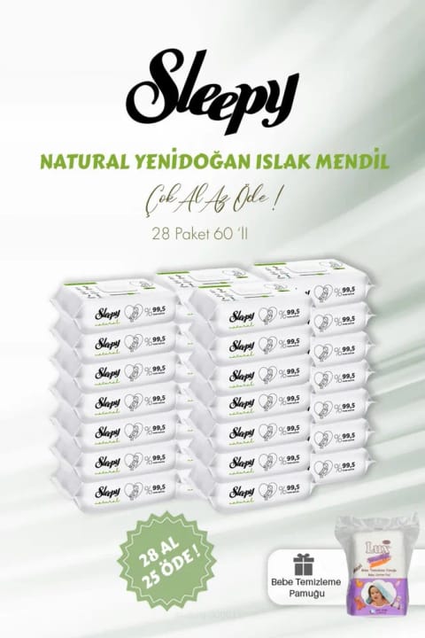 Sleepy 28 AL 25 ÖDE Natural نوزاد مرطوب دستمال پاککن ۶۰ عددی و پنبه بچه