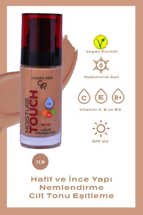 Golden Rose Moisture Touch Foundation No: 113 - مرطوب‌کننده حاوی Hyaluronic Acid...