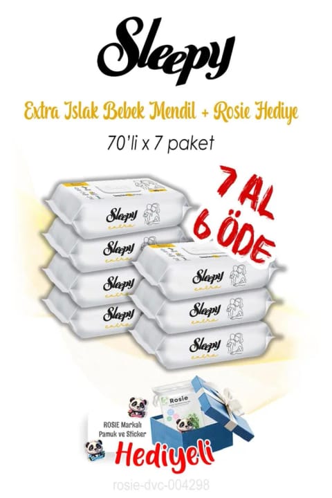 Sleepy Extra دستمال مرطوب کودک ۷۰ عددی — ۷ بسته، همراه هدیهٔ Rosie