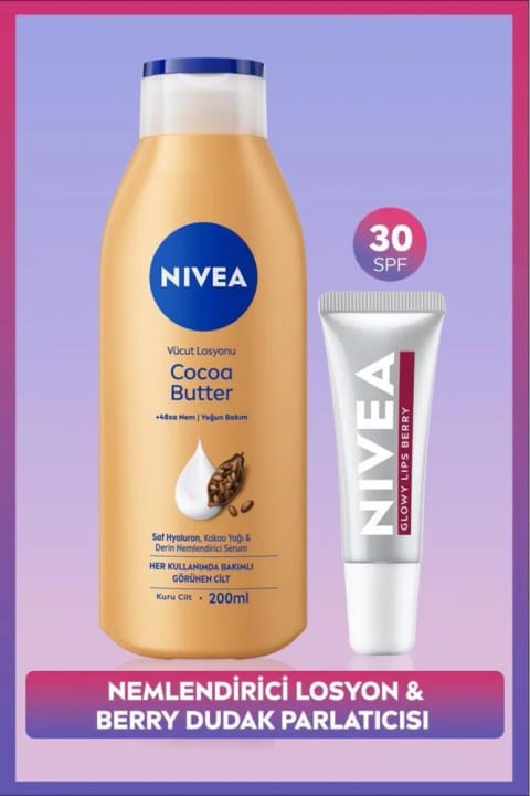NIVEA Cocoa Butter مرطوب‌کننده بدن ۲۰۰ml و رژ لب براق Berry
