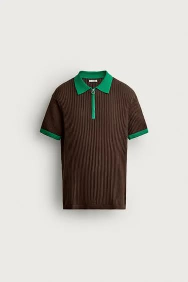 Zara - پولوشرت بافتنی زیپ‌دار بلوک‌رنگ