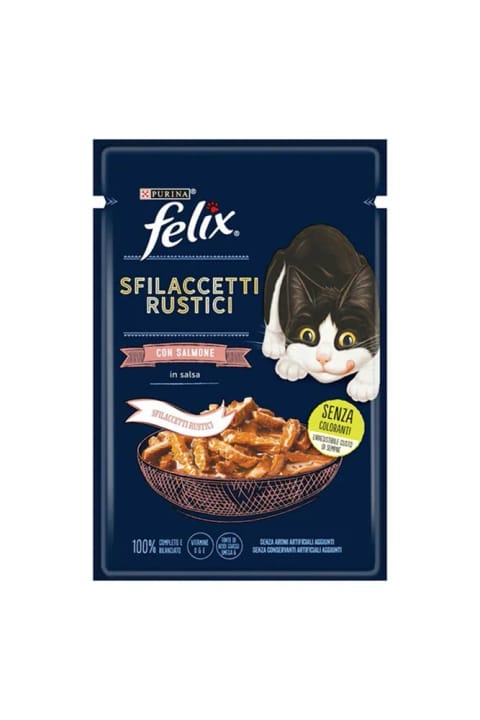 FELIX Pouch Tasty Shreds تکههای خوشمزه گوشت با سالمون کنسرو گربه بالغ