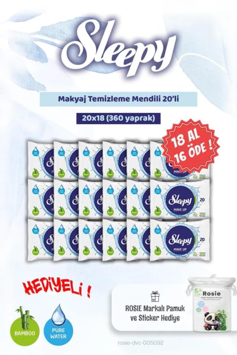 دستمال پاک‌کننده آرایش Sleepy 18 AL 16 ÖDE 20 عددی و پنبه بچه Rosie