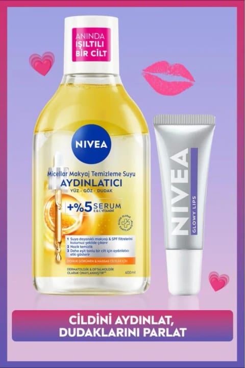 NIVEA روشنکننده میسلار واتر پاککننده آرایش 400ml و بالم لب Glowy Lips