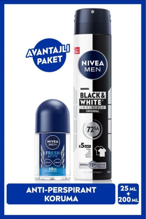 NIVEA Men اسپری دئودورانت مشکی و سفید نامرئی اورجینال ۲۰۰ میلیلیتر + رولآن مینی