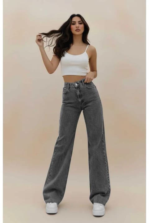 Lighter Jeans شلوار جین پالازو گشاد لی کرای دار رنگ خاکستری روشن کمر بلند زنانه