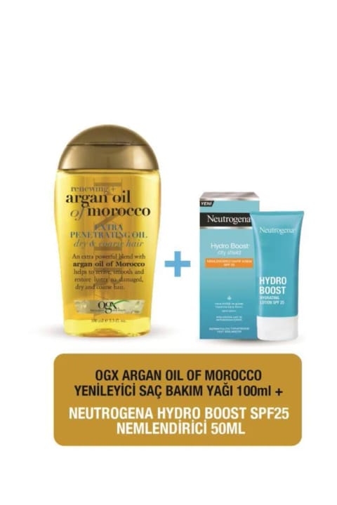 روغن مو Argan Oil Of Morocco برند OGX + کرم آبرسان Neutrogena Hydro Boost SPF25