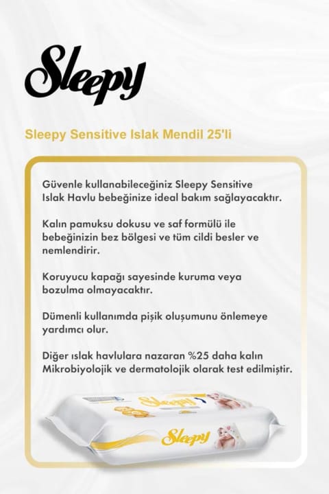 Sleepy Sensitive دستمال مرطوب ۲۵ عددی — ۵ بسته، همراه پنبهٔ Rosie