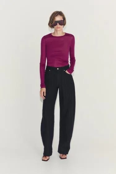 ZW COLLECTION شلوار جین بادکنکی راه‌راه ژاکارد با کمر متوسط