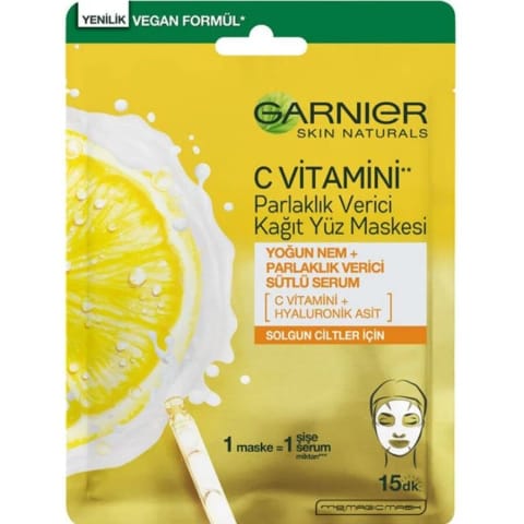 گارنیر ماسک ورقه ای صورت شادابی و روشن کنندگی ویتامین C (5% Vitamin C، Gliserin...