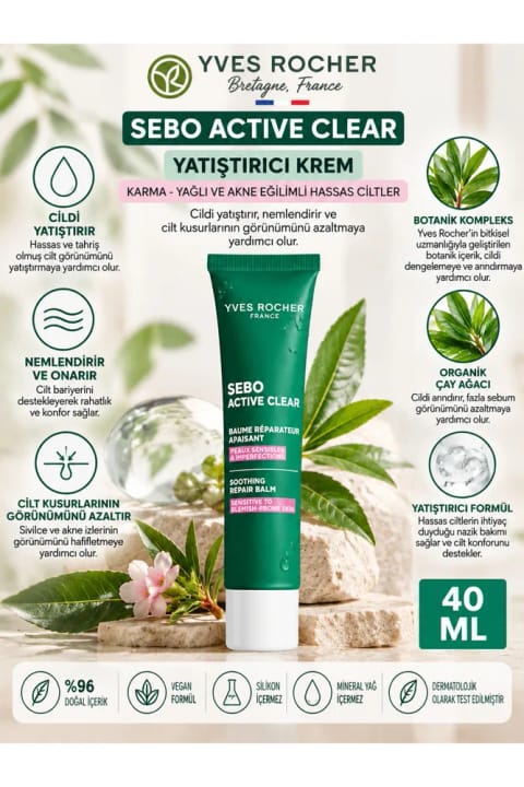 Yves Rocher Sebo Active Clear 40 ml – مخصوص پوست‌های حساس مستعد آکنه، آرام‌کننده...