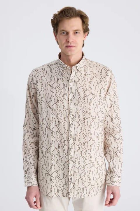 D'S Damat Ds Damat Comfort پیراهن کتان بژ طرحدار