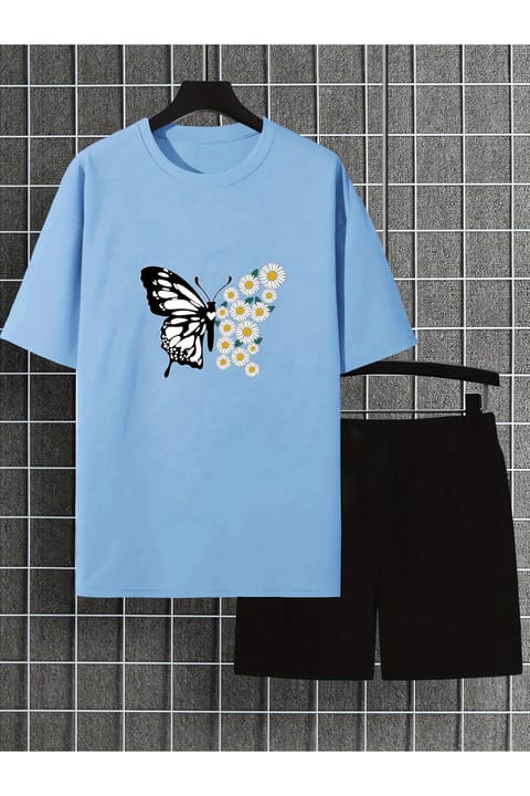 ست تیشرت و شلوارک اسپرت یونیسکس طرح پروانه گل مینا uyguntarz