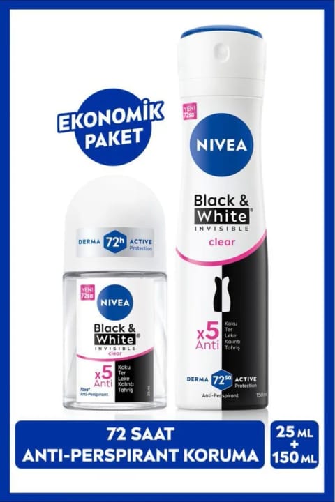 NIVEA دئودورانت اسپری زنانه Black & White Clear 150ml و رولآن مینی Black & White