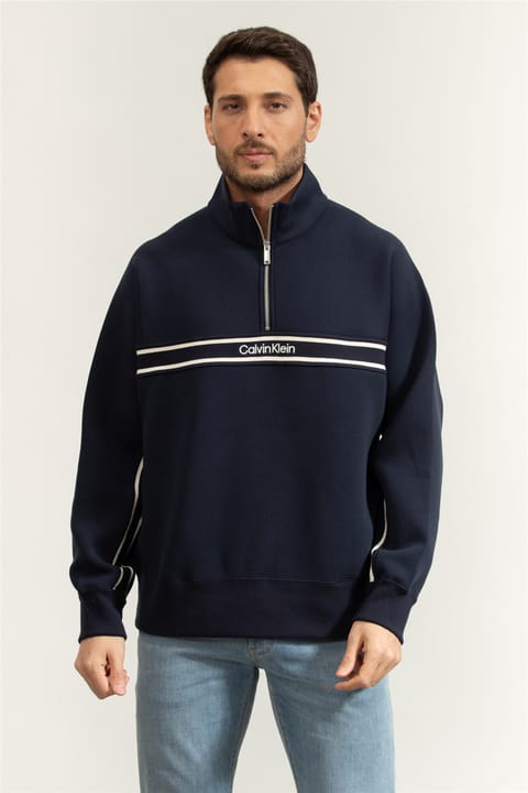 سویشرت زیپدار مردانه Calvin Klein مدل LS Cotton SPacer Stripe Rib Qtr رنگ سرمهای