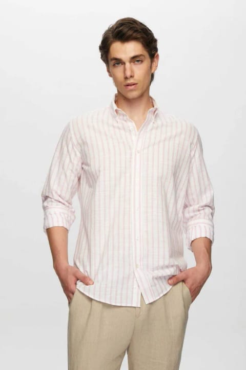 D'S Damat Slim Fit راه‌راه صورتی %100 پنبه پیراهن تابستانه کتان