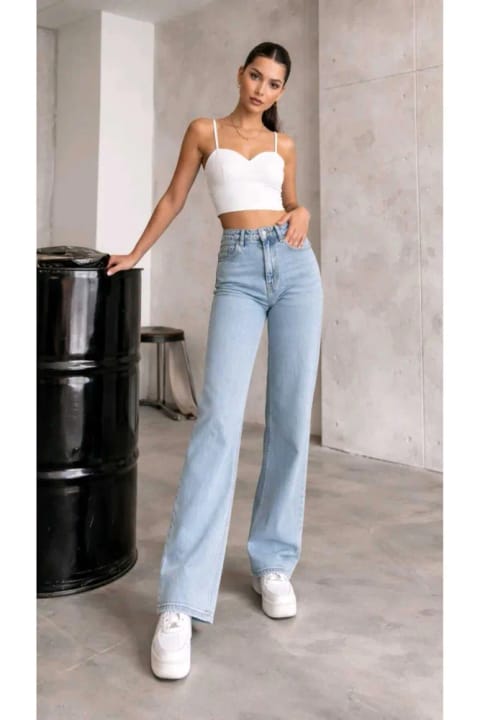 Lighter Jeans شلوار جین پالازو وایدلگ یخکاری لیكرا دار کمر بلند و پاچه گشاد زنانه