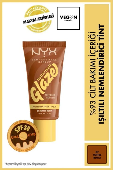 NYX Professional Makeup Buttermelt Glaze درخشنده Skin Tint SPF 30 مرطوب‌کننده — Dogal Parlaklik 07 Toffee