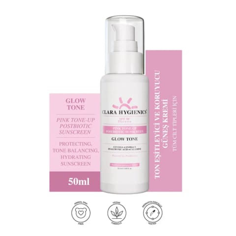Clara Hygienics Pink Tone-Up کرم ضدآفتاب SPF 50+ با پست‌بیوتیک، یکدست‌کننده و محافظ رنگ پوست ۵۰ میلی‌لیتر