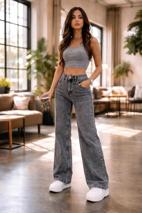Lighter Jeans Denny آنتراسیت انعطاف‌پذیر وایدلگ جین کمر بلند شلوار گشاد راحت ک...