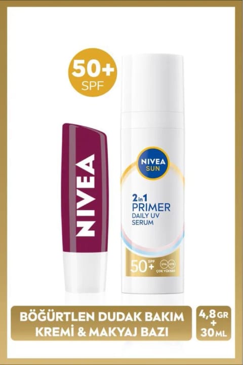 NIVEA SUN SPF50 پرایمر مرطوبکننده و بیس آرایش 30 میلیلیتر و مرطوبکننده لب بلوبری...