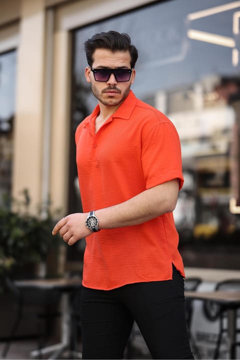 پیراهن آستین کوتاه بامبو یقه پولو اورسایز نیمه پات Valiberta - نارنجی