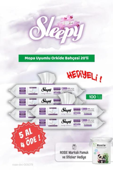 Sleepy دستمال تمیزکنندهٔ سازگار با موپ، رایحهٔ باغ ارکیده، ۲۰ عددی — ۵ بسته، همراه پنبهٔ کودک Rosie
