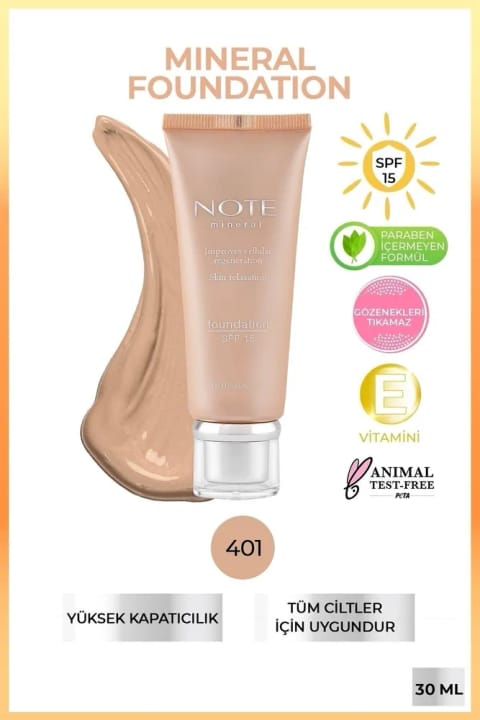 فونداسیون مینرال NOTE با SPF 15، پوشش بالا و فینیش ساتن - 401 روشن
