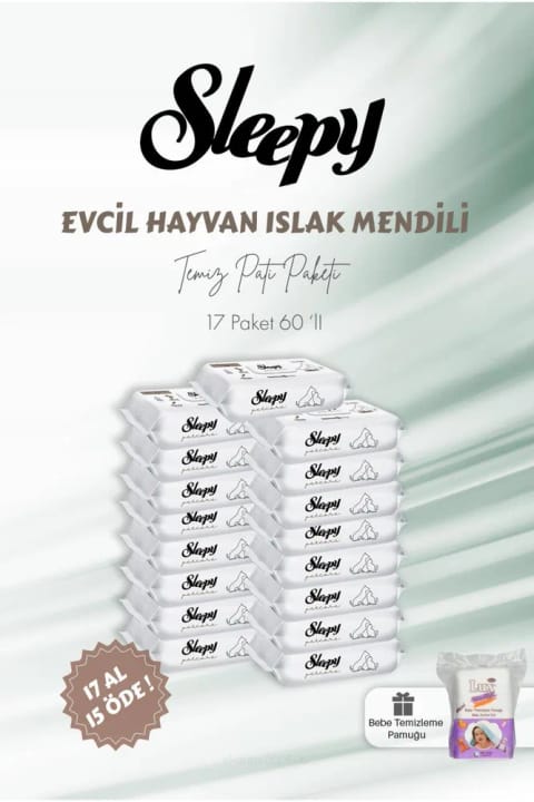 Sleepy 17 AL 10 ÖDE حیوانات خانگی دستمال مرطوب ۶۰ عددی و پنبه پاککن کودک