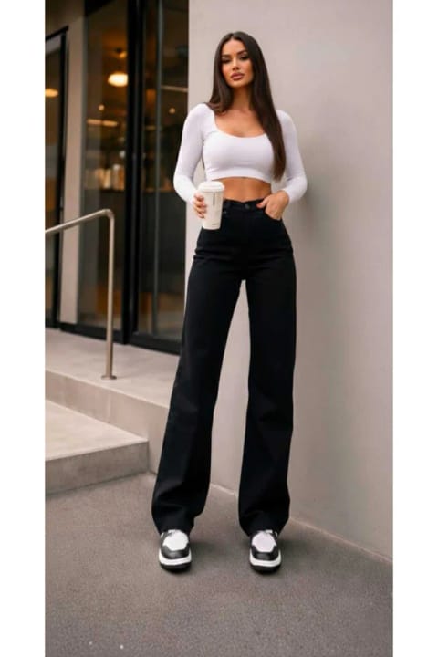 TRENDNATUREL Tessa Gold Ikon 90's شلوار پالازو مشکی لاکرا فوق‌العاده بلند