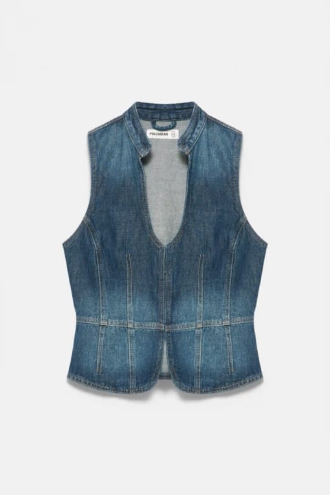 Halter yaka dikiş detaylı denim top