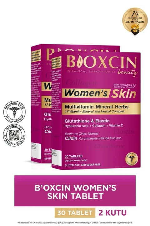 Bioxcin Women's Skin ۲×۳۰ قرص — گلوتاتیون، الاستین، بیوتین، روی و کلاژن